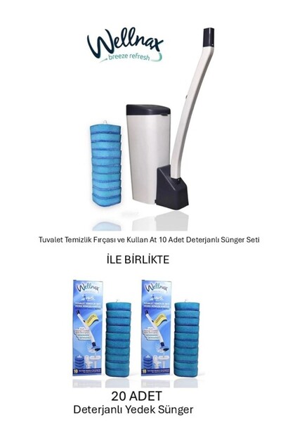 Süngerli Tuvalet Temizlik Seti (1 Adet) + Kendinden Deterjanlı 10'lu Yedek Sünger (2 Adet)