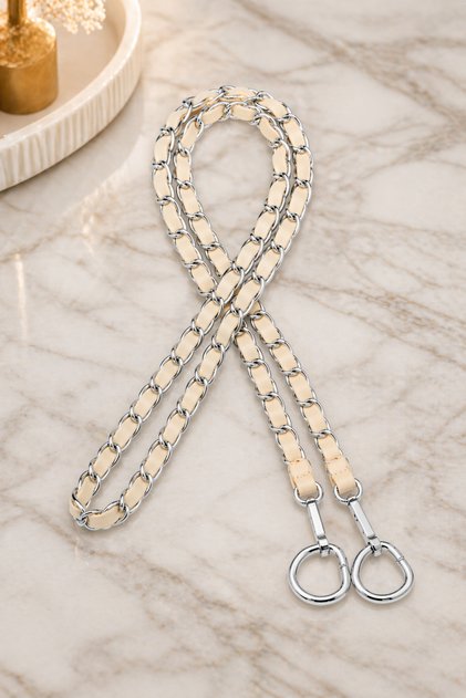 Faux Leather Metal Bag Chain Set - Chain Silver Color - Length 115 cm - Cream Leather