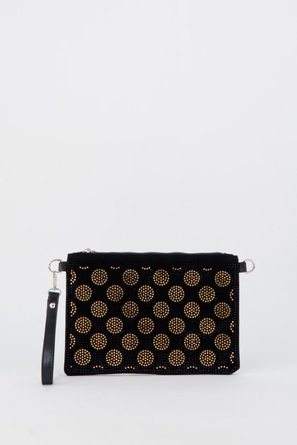 Women's Polka Dot Gold Stone Suede Portfolio Handbag and Clutch Bag with Ankle Strap and Chain Strap