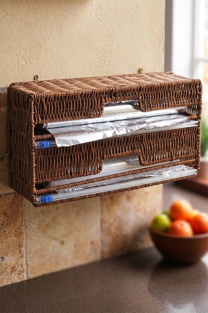 Folly Wicker Countertop 2-Piece Kitchen Organizer Paper Towel Holder Stretch and Foil Cutter