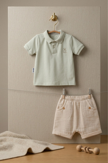 100% Cotton Summer Baby Boy Set - Polo Collar T-Shirt and Muslin Shorts