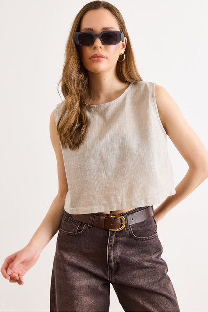 Women's Stone Flam Linen Crop Blouse Blz-19002925