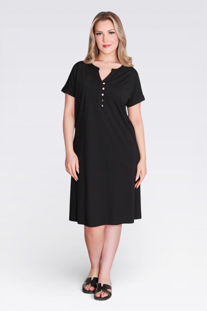 40198 Black Button Detail Low-Sleeve Relaxed Fit Knitted Dress