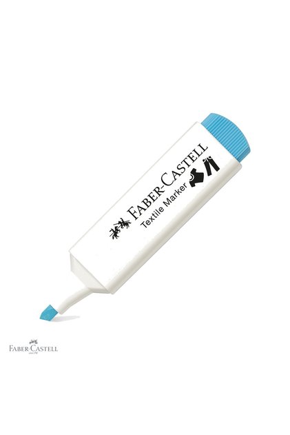 Marker textil albastru Faber-Castell, vârf teșit cu 3 grosimi, pentru personalizarea textilelor