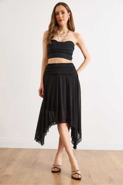 Women's Black Lined Asymmetrical Lace Detailed Boho Skirt Etk-19000426