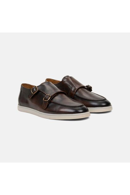 Men's Brown Double Buckle Leather Casual Shoes