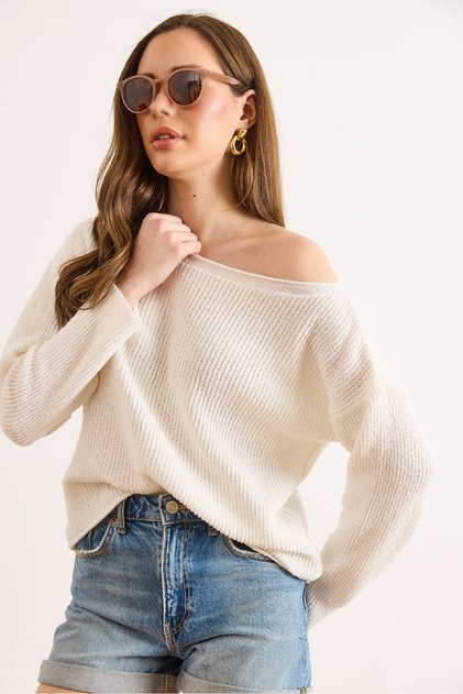 Women's White Boat Neck Seasonal Knitwear Blouse Blz-19003252