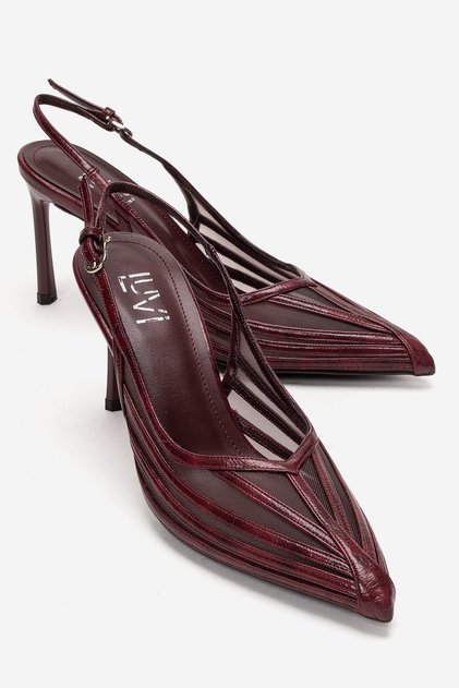 Ylena Burgundy Transparent Mesh Detailed Women's Thin Heeled Shoes