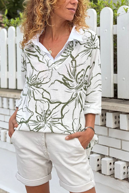 Italian White-Green Shirt Collar Floral Muslin Loose Woven Blouse 70 60