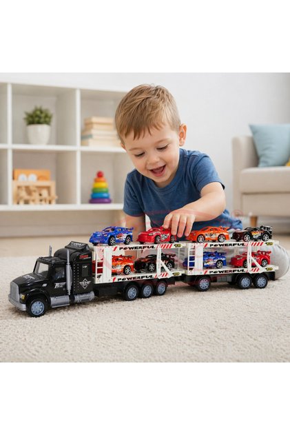 Camion Transport Masini cu Remorca Transportatoare si 8 Masinute de Curse, Set Jucarie Copii