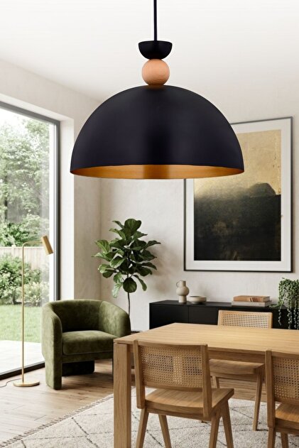 Dome Sarkıt Avize Siyah Metal Ahşap Detaylı Modern Salon Mutfak Yemek Masası Avizesi