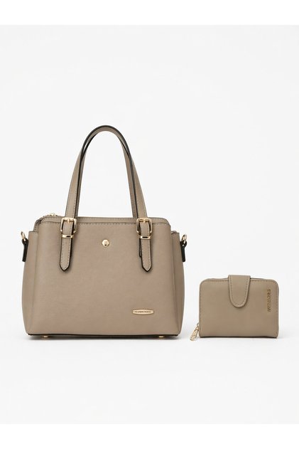 Women's Long Strap 4-Compartment Shoulder Bag with Gold Accessories, Wallet Set