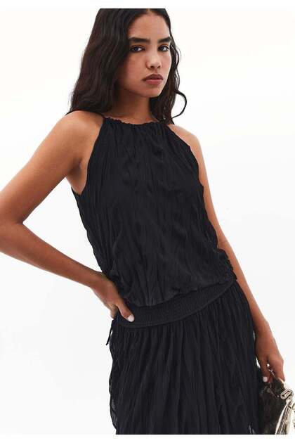 Halter Neck Crinkled Look Blouse - BLACK