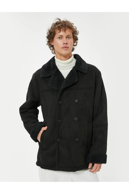 Slim Fit Coat Suede Look Plush Inside Buttoned