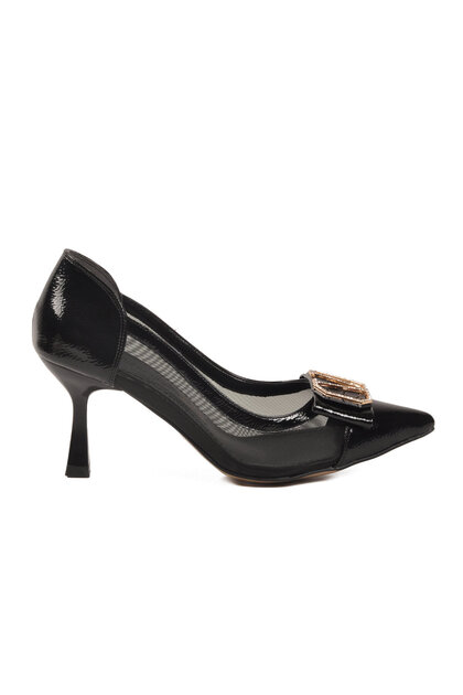 Black Wrinkled Slightly Transparent Women's Heeled Shoes 357221 Z
