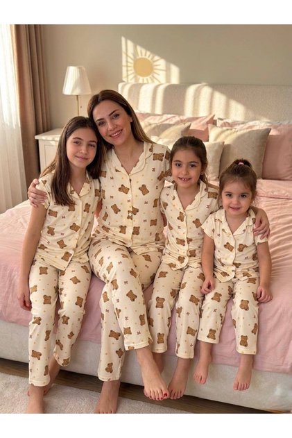 Girl's Teddy Bear Patterned Buttoned Victoria Fabric Quality Patterned Pajama Set Mother-Daughter Combination