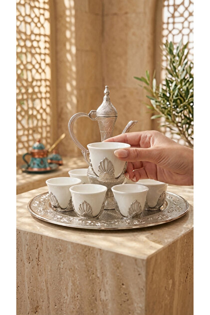Medine Baazar Gümüş Renkli Lüks Zemzem Takımı - 6 Kişilik Tepsili
