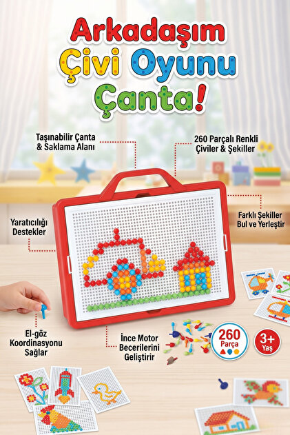 craftivio Arkadaşım Çantalı Çivi Oyunu 260 Parça Eğitici Mozaik