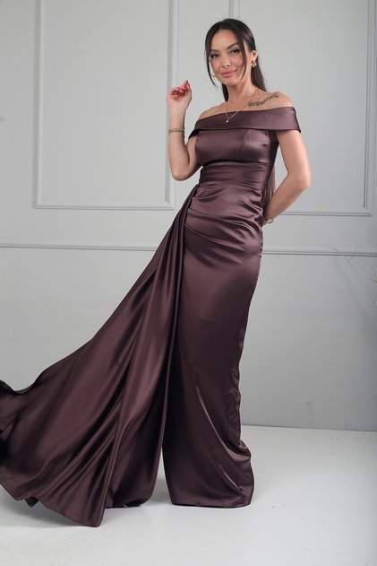 Madonna Collar Slit One Side Long Lined Satin Long Dress