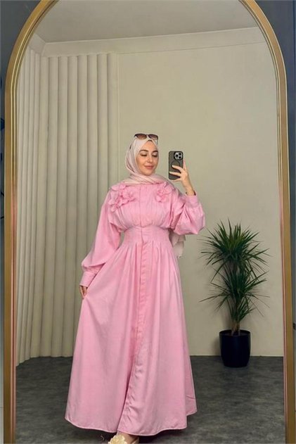 Women's Pink Belted Floral Detailed Premium Hijab Dress Nbvq4933