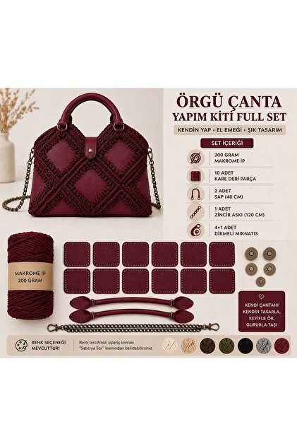 Örgü Çanta Yapım Kiti Full Set Makrome İpli Deri Parçalı Kendin Yap Çanta Seti