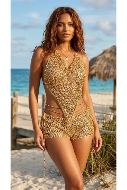 Kadın Gold Örgü Plaj Takımı Taş Detaylı Crochet Bikini Üstü Şortlu Pareo Set