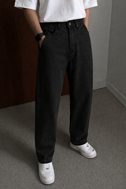 Men's Acid Wash Loose Leg Jean Trousers Relaxed Fit Denim
