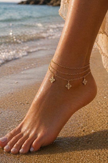 Gold Yellow Multi-Layered Chain Anklet with Geometric Detail