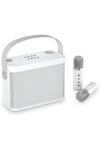 Bluetooth PA Speaker System with 2 Wireless Microphones,Portable Singing Machine with Echo and Vocal Cut,White