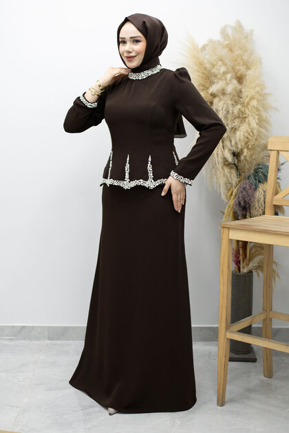 Taş İşlemeli Peplum Abiye TSD260195 Kahverengi
