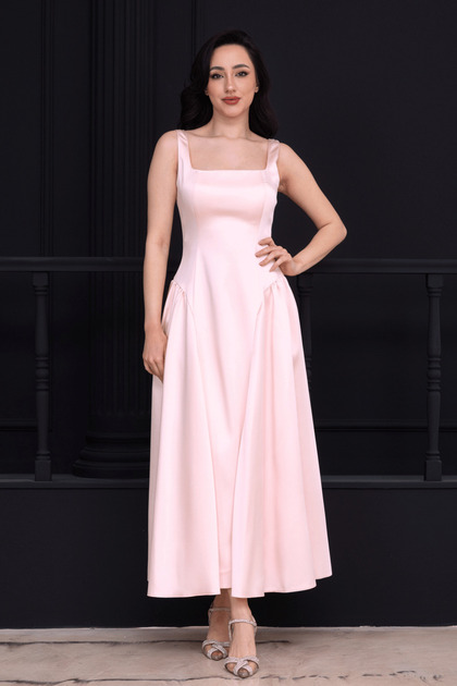 Waist Drawstring Midi Satin Dress - Pudra