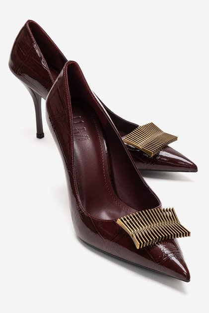 Dexen Burgundy Print Metal Buckle Women's Thin Heeled Shoes