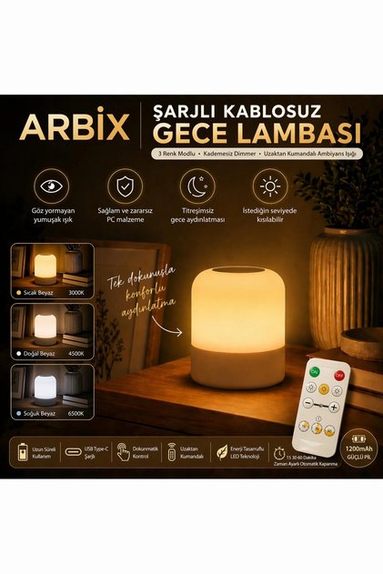 Şarjlı Kablosuz Gece Lambası LED Dokunmatik Kumandalı 3 Renk Modlu Dimmerli Zaman Ayarlı Masa Lambas
