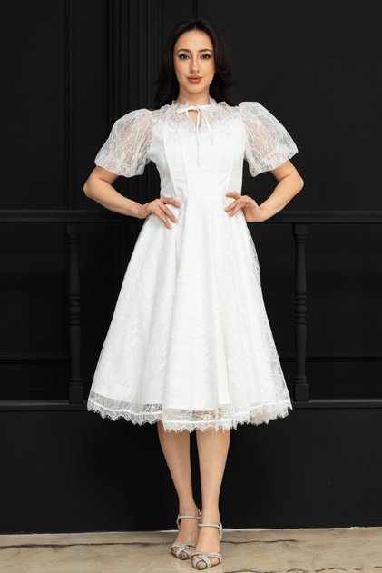 Balloon Sleeve Midi Lace Dress - White