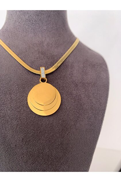 Kadın Çelik Kolye Gold Renk İtalyan Ezme Zincir Üç Katlı Yuvarlak Plaka