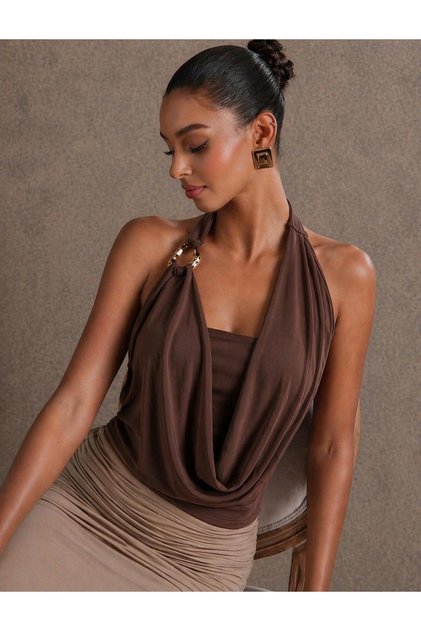 Halter Neck Draped Blouse with Gold Accessory Detail, Flowy and Stylish Women's Top 0093