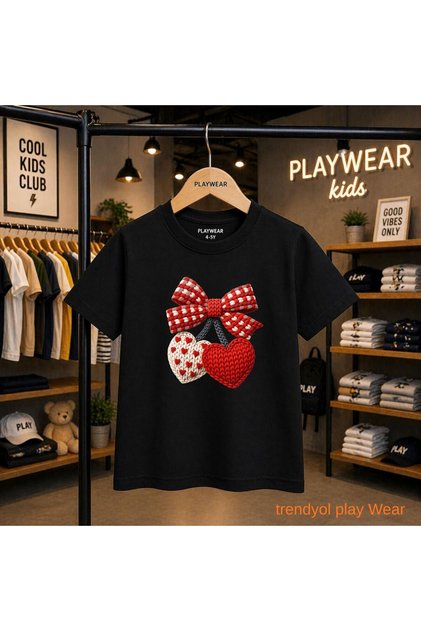 Knitted Cherry Ribbon Printed 100% Children's Unisex T-Shirt 5 6 -7 8-9 10 -11 12 Years Old