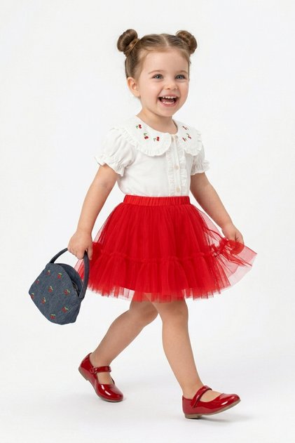 Baby Girl Birthday Party Wedding Dress Double Suit Short Sleeve Bag Collar Cherry Tulle Lining