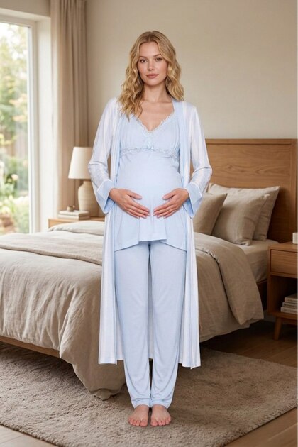 Lohussa New Season Blue Long Dressing Gown with Straps Special Design Summer 100% Cotton Maternity Dressing Gown Pajama Set- Trendyol Lohussa New Season Blue Long Dressing Gown with Straps Special Design Summer 100% Cotton Maternity Dressing Gown Pajama Set- Trendyol