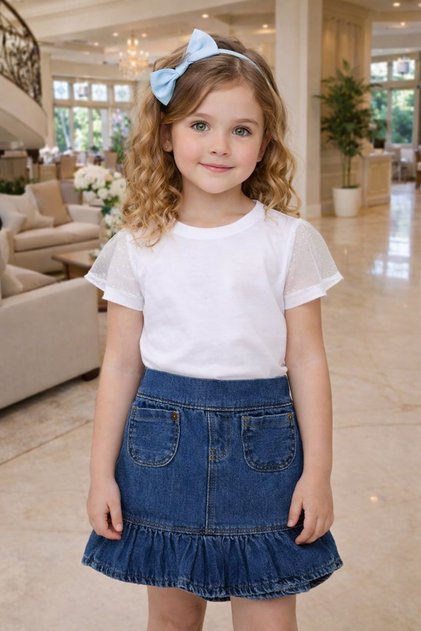 Girl's Festive Denim Skirt Set with White T-Shirt, Stylish Summer Combination for Ages 3-12