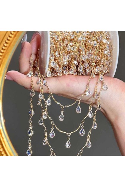 1Meter KC Gold Color-White 0.5M 1M Waterdrop-shaped Zircon Embossed Handmade Copper Chain for DIY Ne