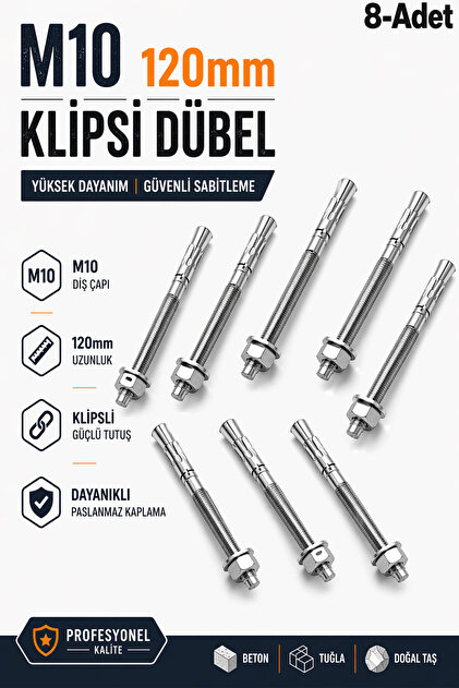 Klipsli Dübel M10x120 mm 8 Adet Set Ağır Yük Çelik Genleşmeli Beton Vida Dübel Sabitleme Aparatı