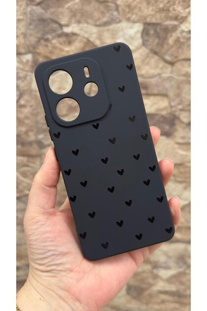 Redmi Note 14 Compatible Mini Black Heart Patterned Silicone Shock Absorbing Classic Protected Rubber Case