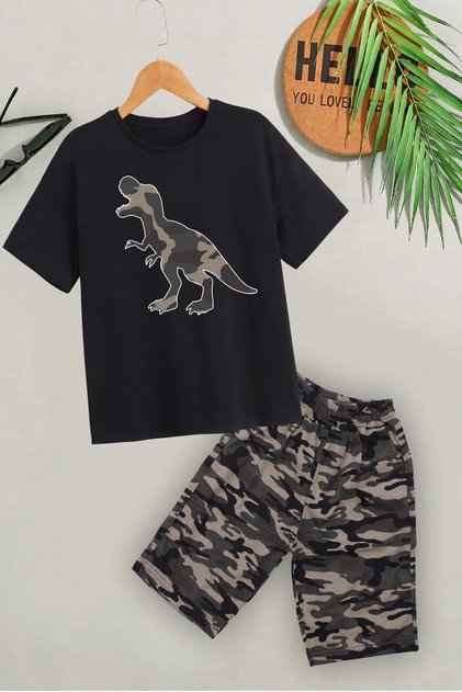 Camouflage Patterned Boys' T-Shirt Shorts Set Dinosaur Printed Summer Cotton Comfortable Fit