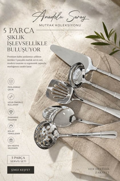 Paslanmaz Çelik 5'li Mutfak Servis Seti Dayanıklı Servis Spatula Kaşığı Pasta Spatula Kepçe Kevgir