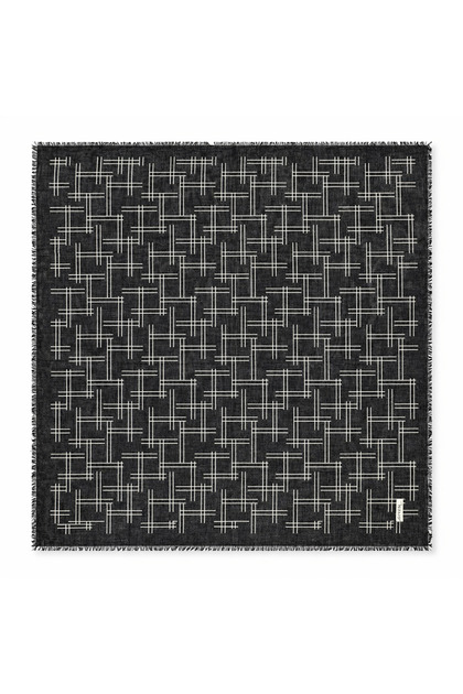 Women's Black and White Linear Geometric Patterned Coton India Cotton Cheesecloth Writing Hijab - Coton Scarf