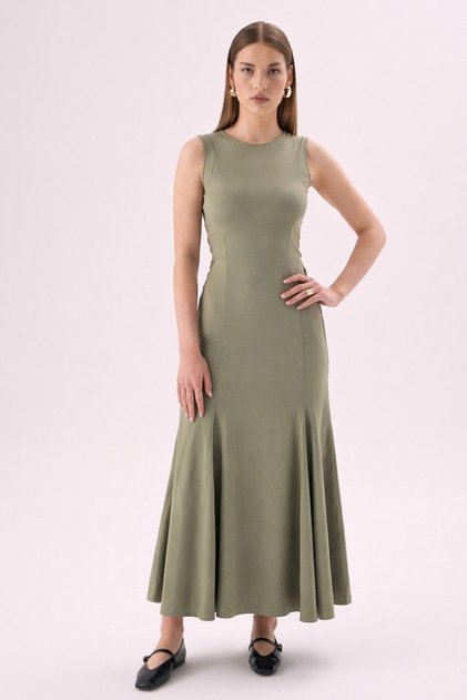 Crep Women's Crew Neck Sleeveless Midi Dress – Pleated Flared Cut Modal Fabric Khaki