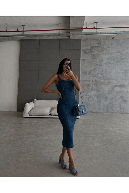 Lacivert Askılı Denim Elbise