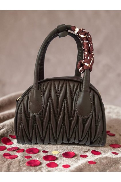 Brown Pleated Folded Leather-Look Mini Shoulder and Hand Bag with Scarf Accessory