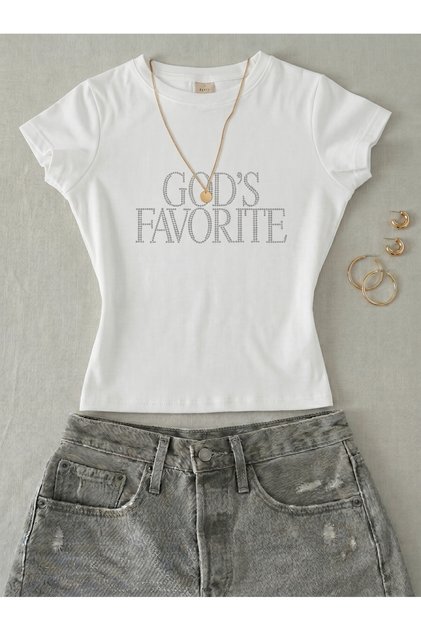 Women's God's Favorite Written Stone Print - Lycra Short Sleeve Body Tee Crop